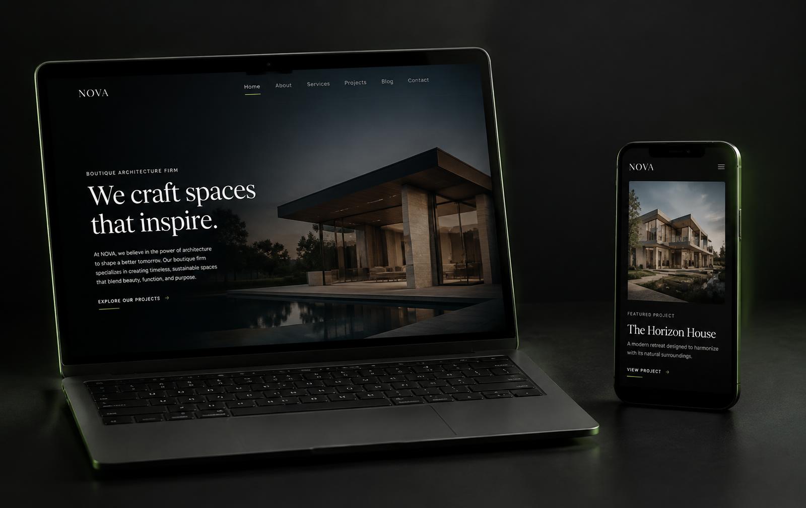 Nova Architecture website shown on desktop and mobile
